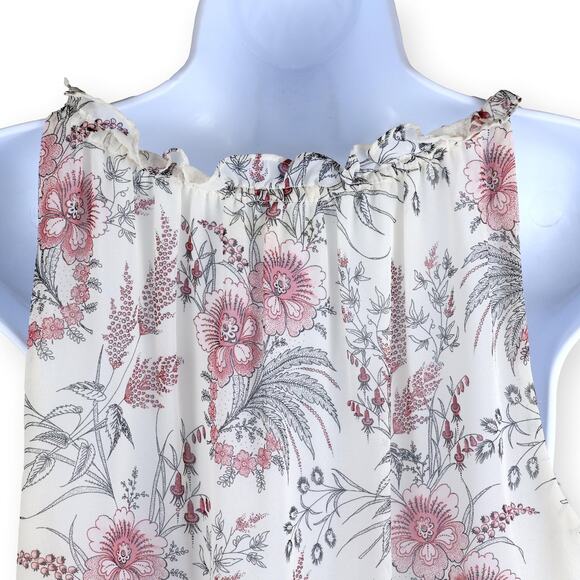 MAX STUDIO Top Sleeveless Floral White Muted Red Ruffle Neck M - Picture 3 of 5